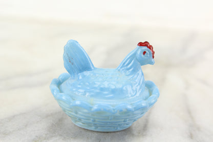 Victorian Blue Milk Glass Miniature Hen on Basket Dresser Box Hair Keeper