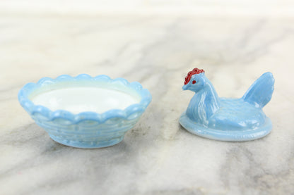 Victorian Blue Milk Glass Miniature Hen on Basket Dresser Box Hair Keeper
