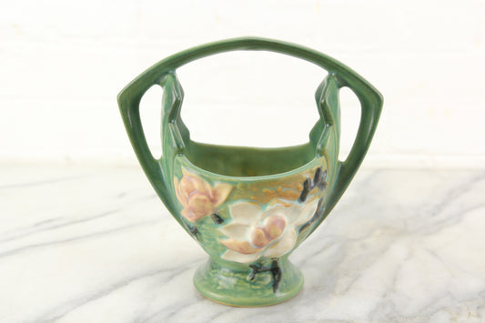 Roseville 383-7 Art Pottery Magnolia Green Basket Vase, U.S.A.