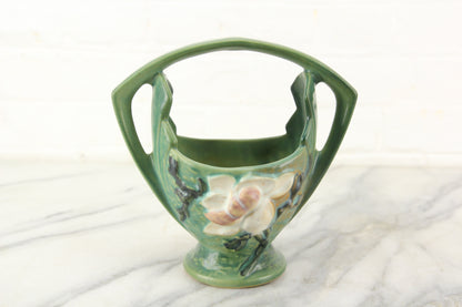 Roseville 383-7 Art Pottery Magnolia Green Basket Vase, U.S.A.