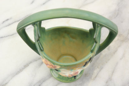 Roseville 383-7 Art Pottery Magnolia Green Basket Vase, U.S.A.