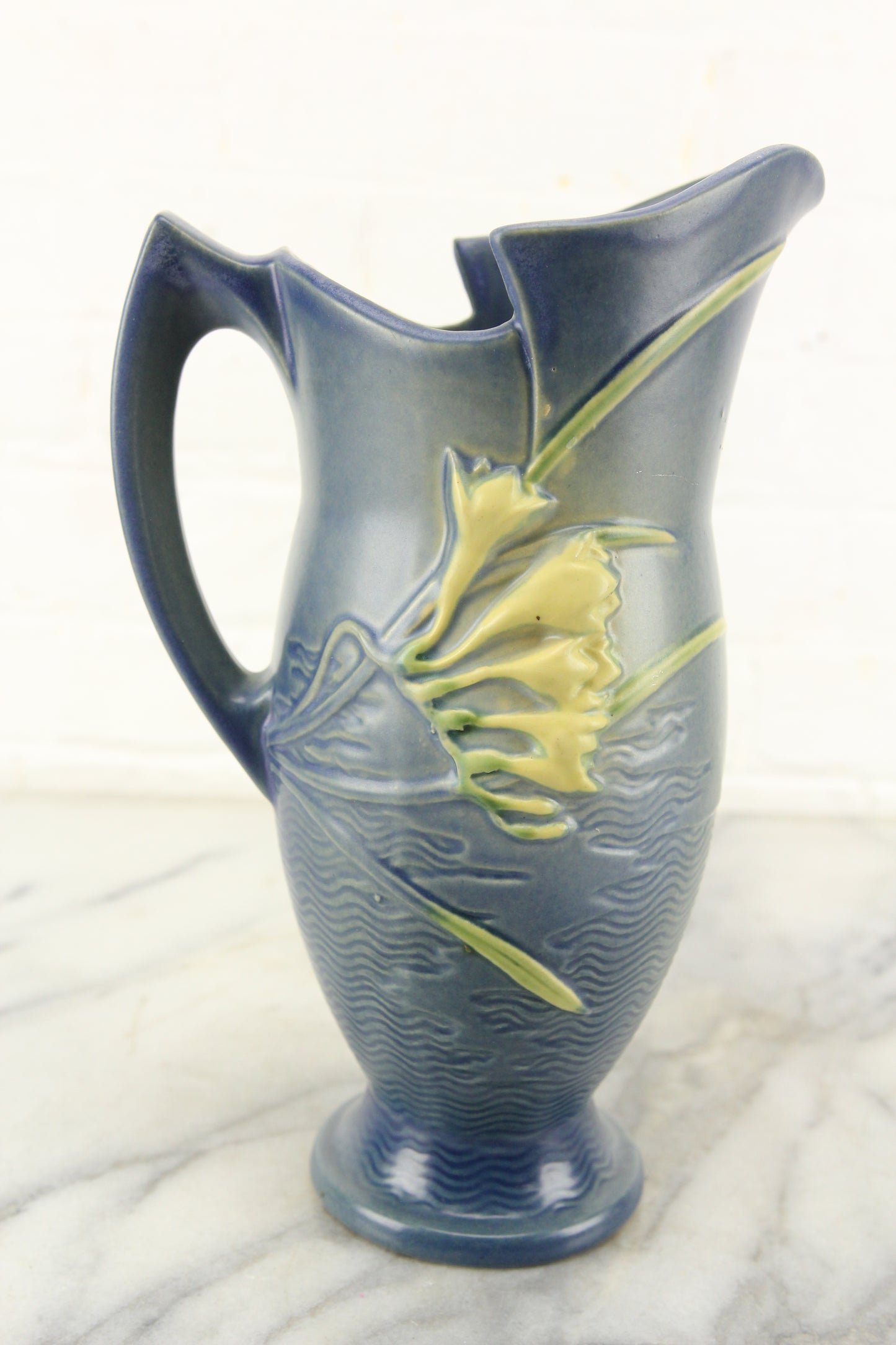 Roseville 20-10 Art Pottery Freesia Blue Ewer Pitcher Vase, U.S.A.