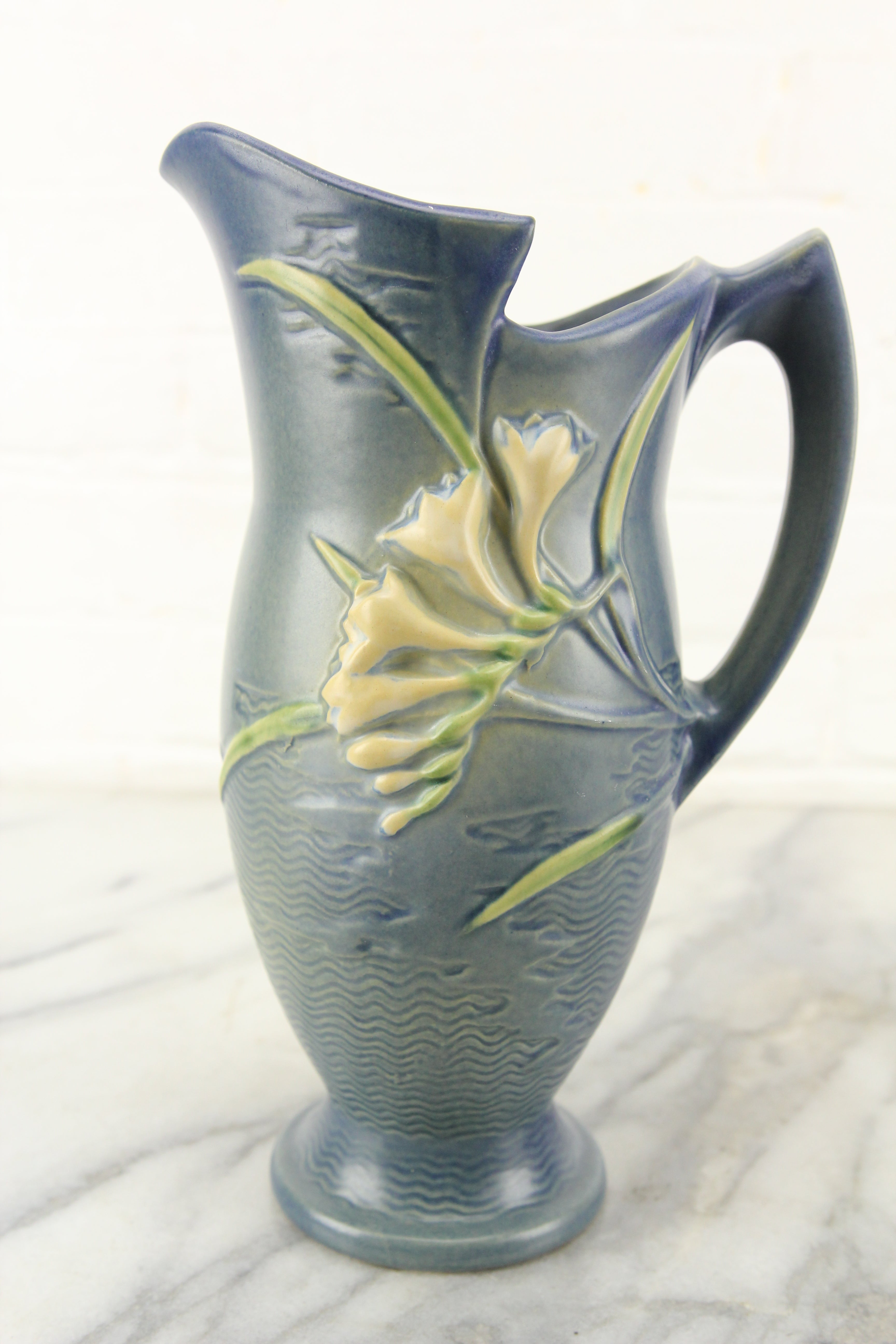 Roseville 20-10 Art Pottery Freesia Blue Ewer Pitcher Vase, U.S.A.