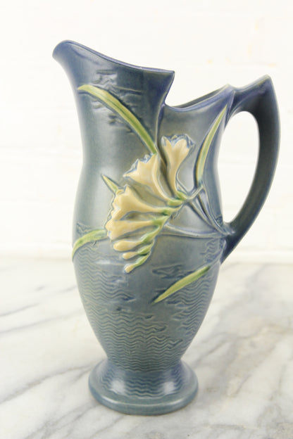 Roseville 20-10 Art Pottery Freesia Blue Ewer Pitcher Vase, U.S.A.