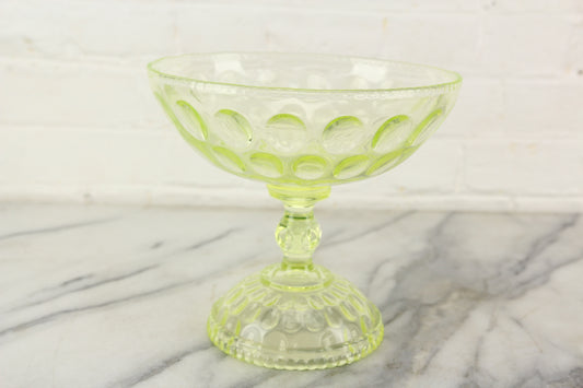 Large Uranium Vaseline Depression Glass Pedastal Bowl with Bubble Pattern