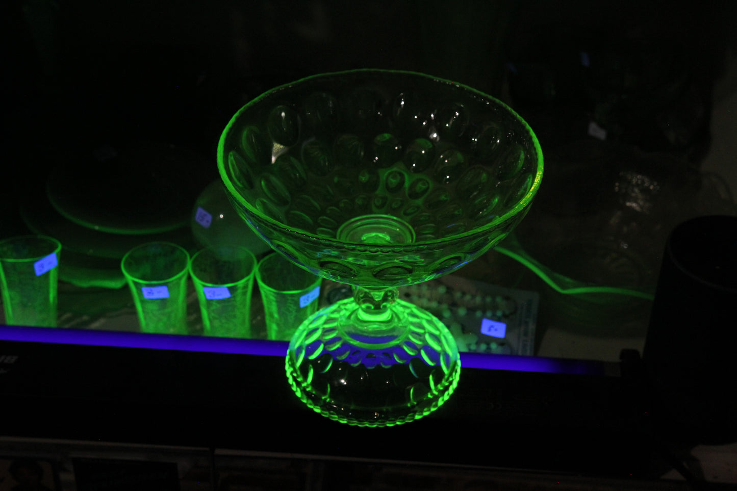 Large Uranium Vaseline Depression Glass Pedastal Bowl with Bubble Pattern