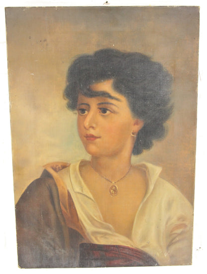 Victorian Oil on Canvas Painting of a Short-Haired Woman, Unsigned - 14 x 20"