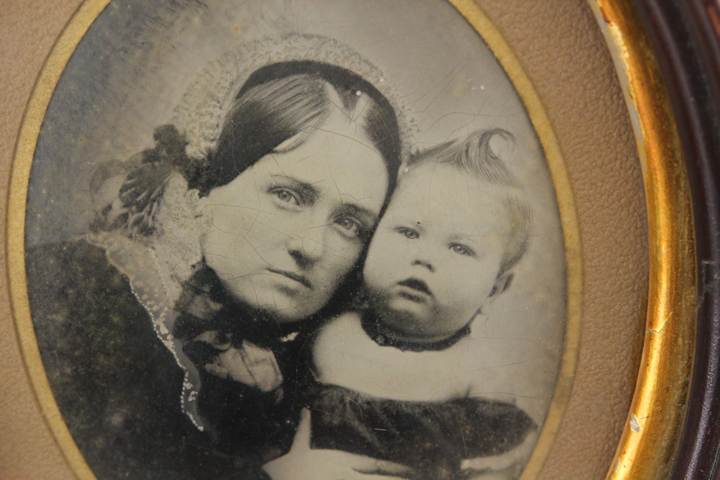 Half Plate Tintype Photograph of Mother and Child in an Oval Frame - 8 x 9.5"