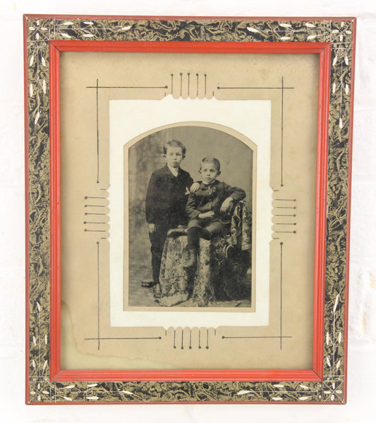 Half Plate Tintype Photograph of Two Boys in a Decorative Frame - 9.5 x 11.5"