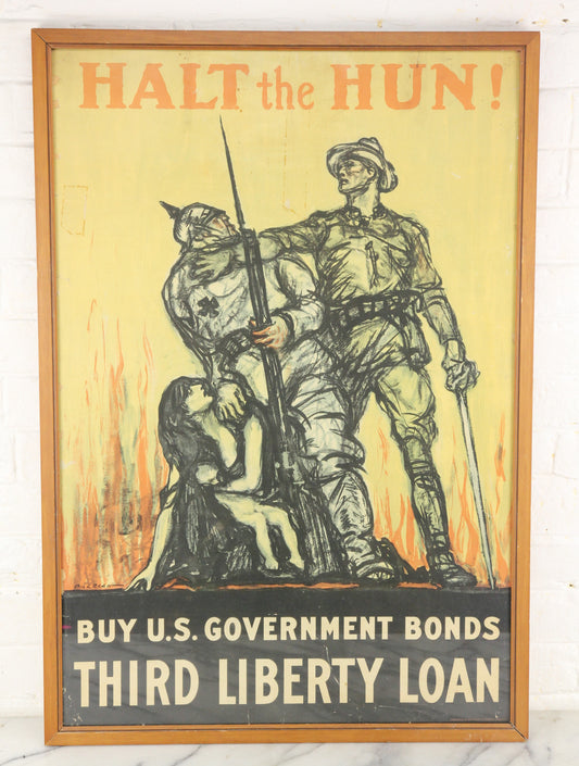 Halt the Hun! U.S. War Bonds World War I Framed Lithograph Propaganda Poster - 21.25 x 30.5"