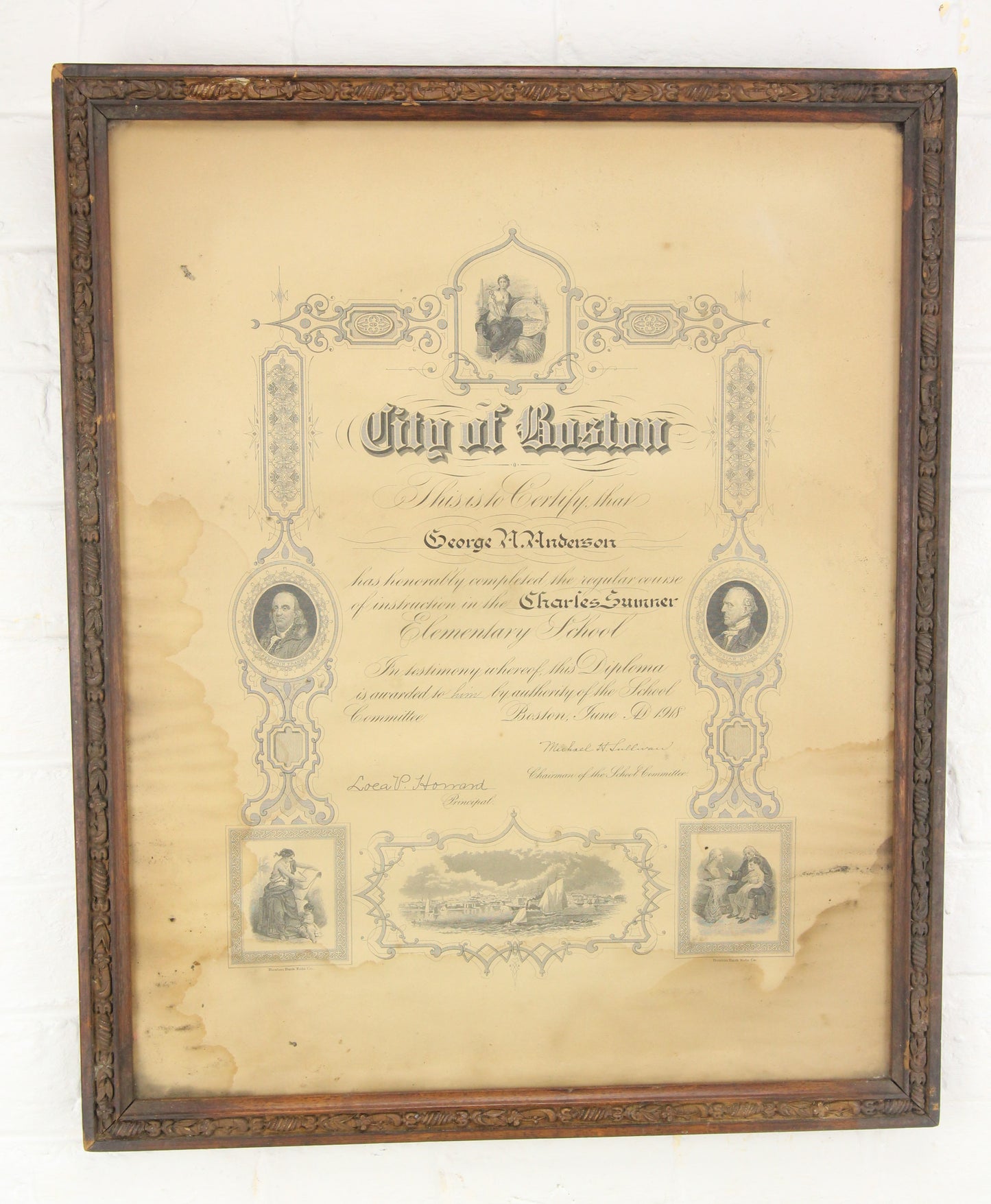 City of Boston Charles Sumner Elementary School Diploma for Georage A. Anderson, 1918 - 17 x 20.5"