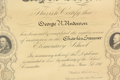 City of Boston Charles Sumner Elementary School Diploma for Georage A. Anderson, 1918 - 17 x 20.5"