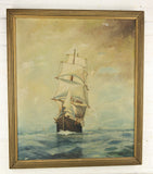 Antique Oil on Canvas Painting of Clipper Ships on the Sea - 24 x 28"