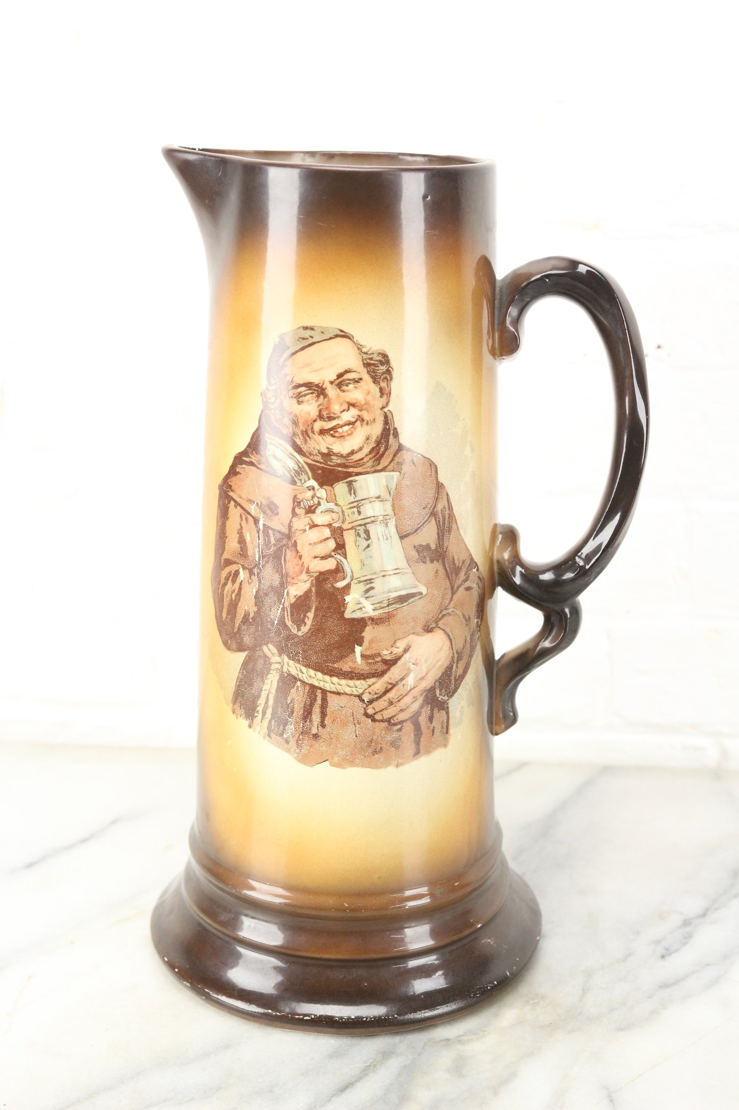 Large Beer Stein Tankard Pitcher with Cheeky Drinking Friar Monk Priest, France, 13"