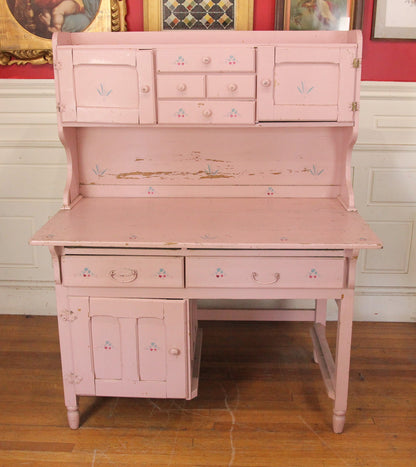 Country Style Pink Painted Wood Kitchen Cupboard and Desk