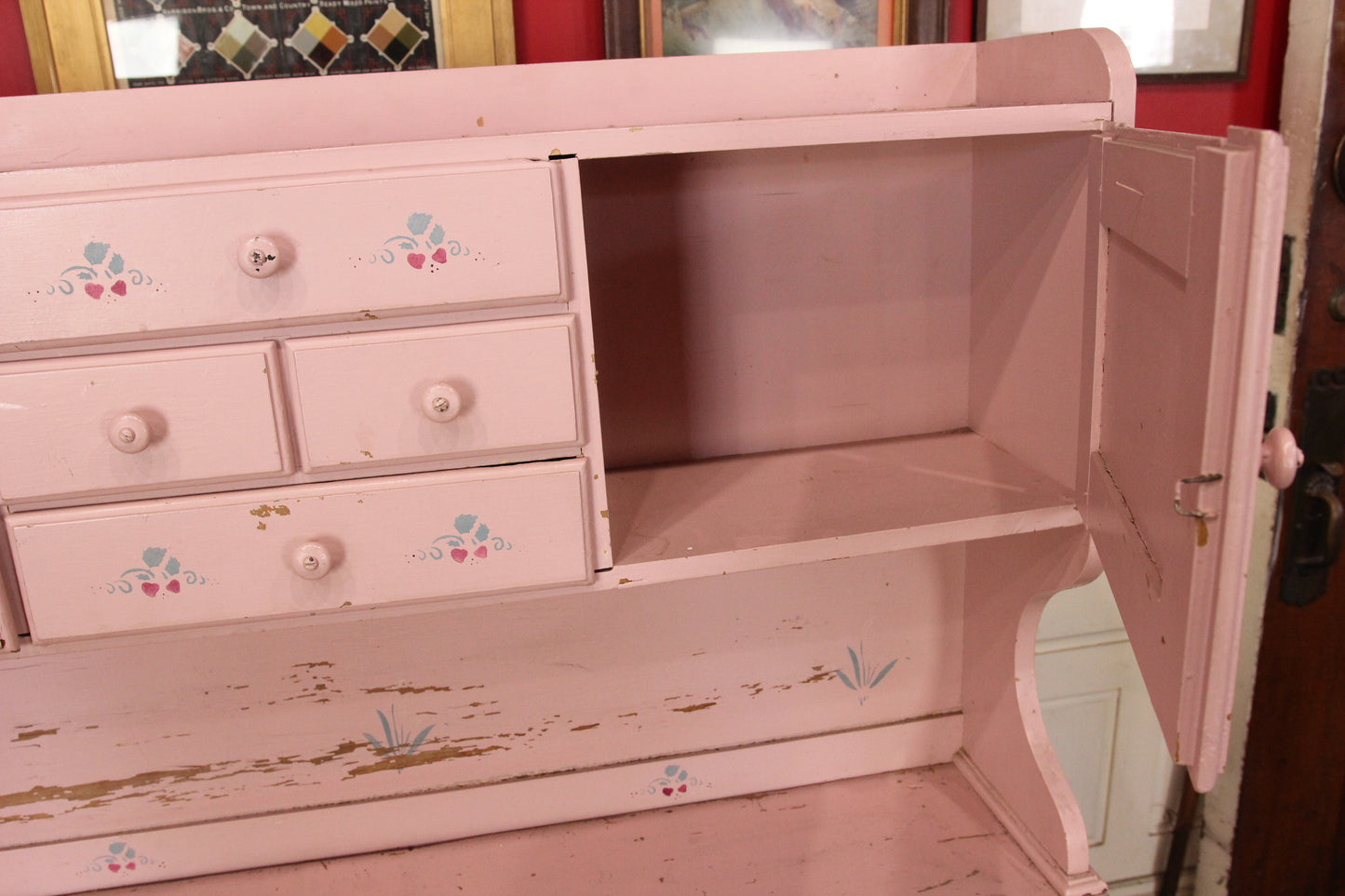 Country Style Pink Painted Wood Kitchen Cupboard and Desk