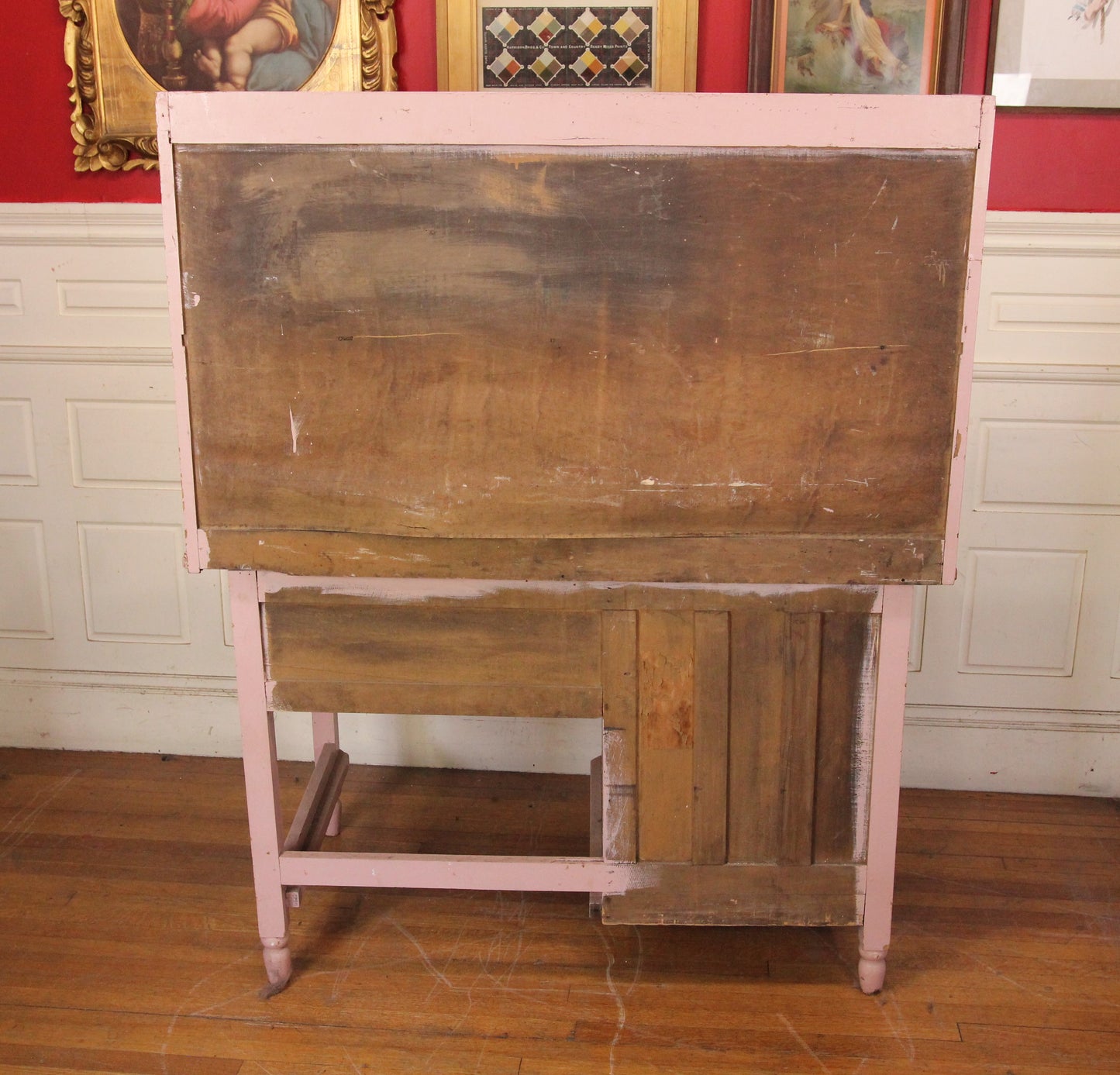 Country Style Pink Painted Wood Kitchen Cupboard and Desk