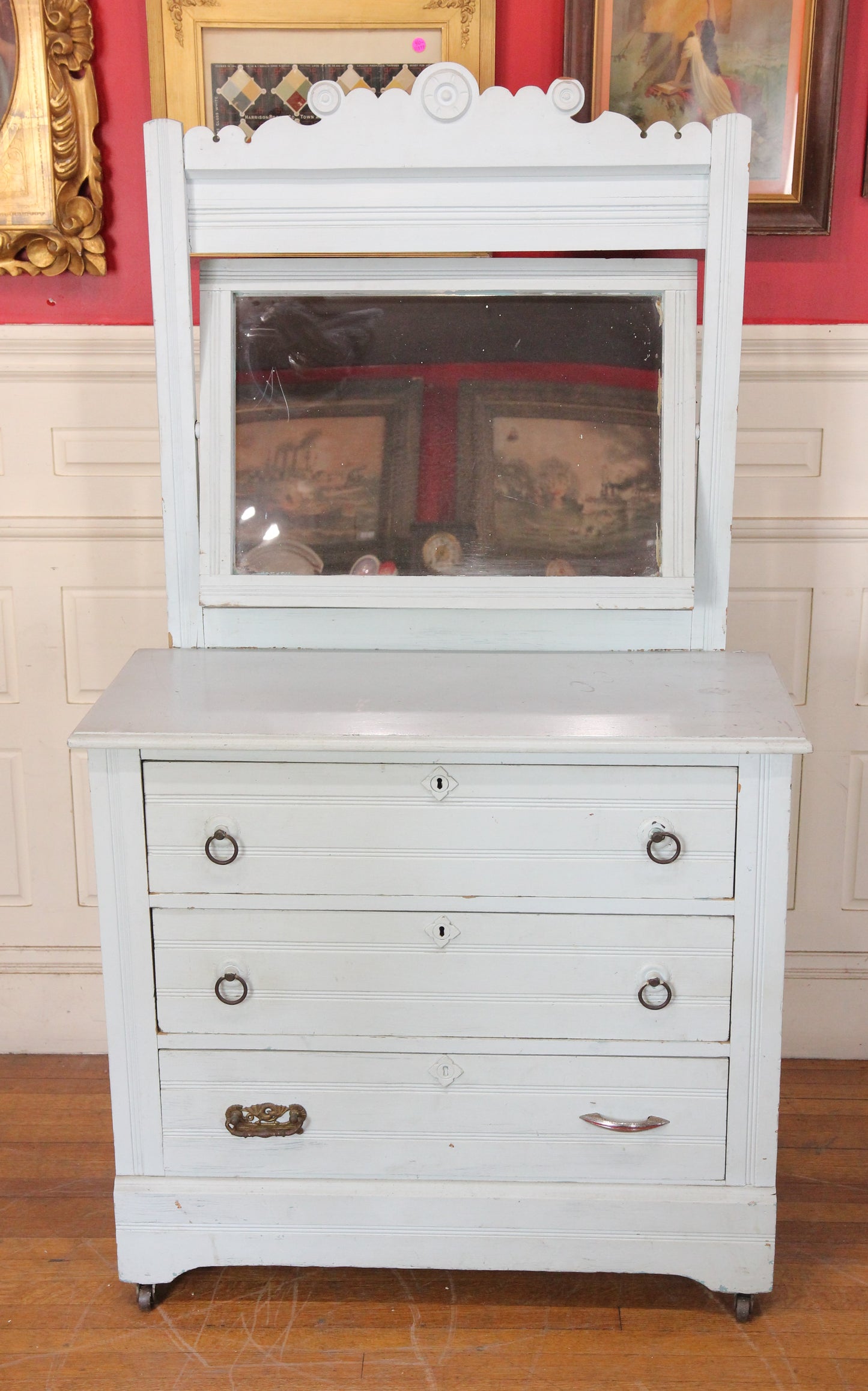 Shabby Child's Three Drawer Dresser with Swing Mirror and Light Blue Paint