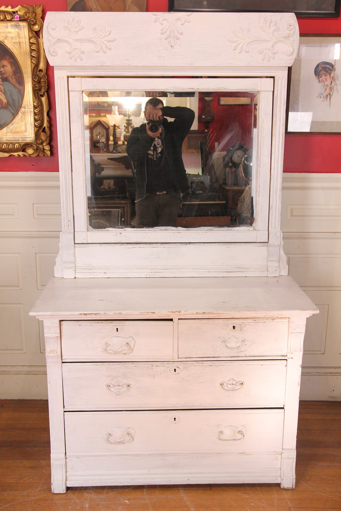 Shabby White Painted Two Over Two Drawer Dresser with Beveled Swing Mirror