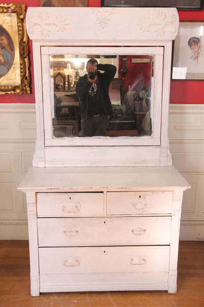 Shabby White Painted Two Over Two Drawer Dresser with Beveled Swing Mirror