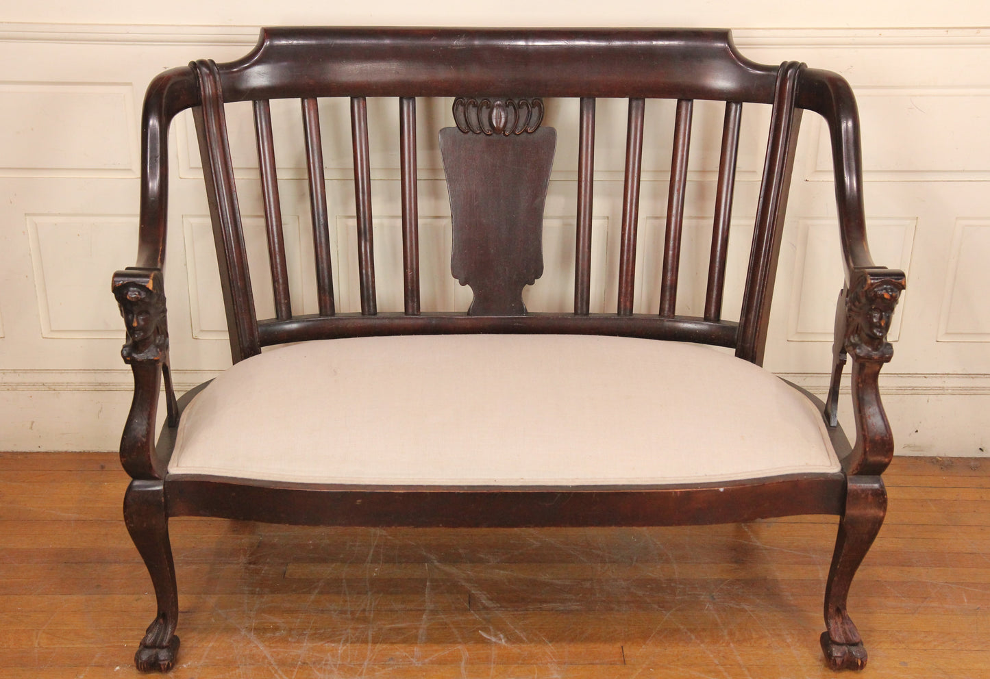 Edwardian Wood Framed Settee Love Seat Sofa with Carved Lady Head Arm Rests