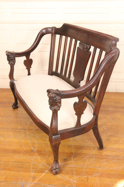 Edwardian Wood Framed Settee Love Seat Sofa with Carved Lady Head Arm Rests