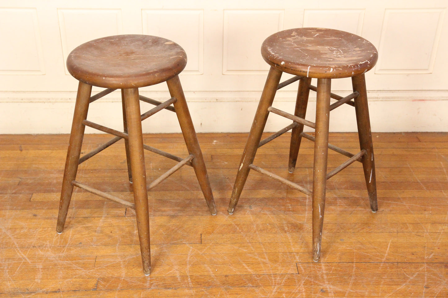 Pair of Vintage Wood Stools Made in Maine State Prison at Thomaston