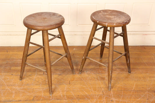 Pair of Vintage Wood Stools Made in Maine State Prison at Thomaston