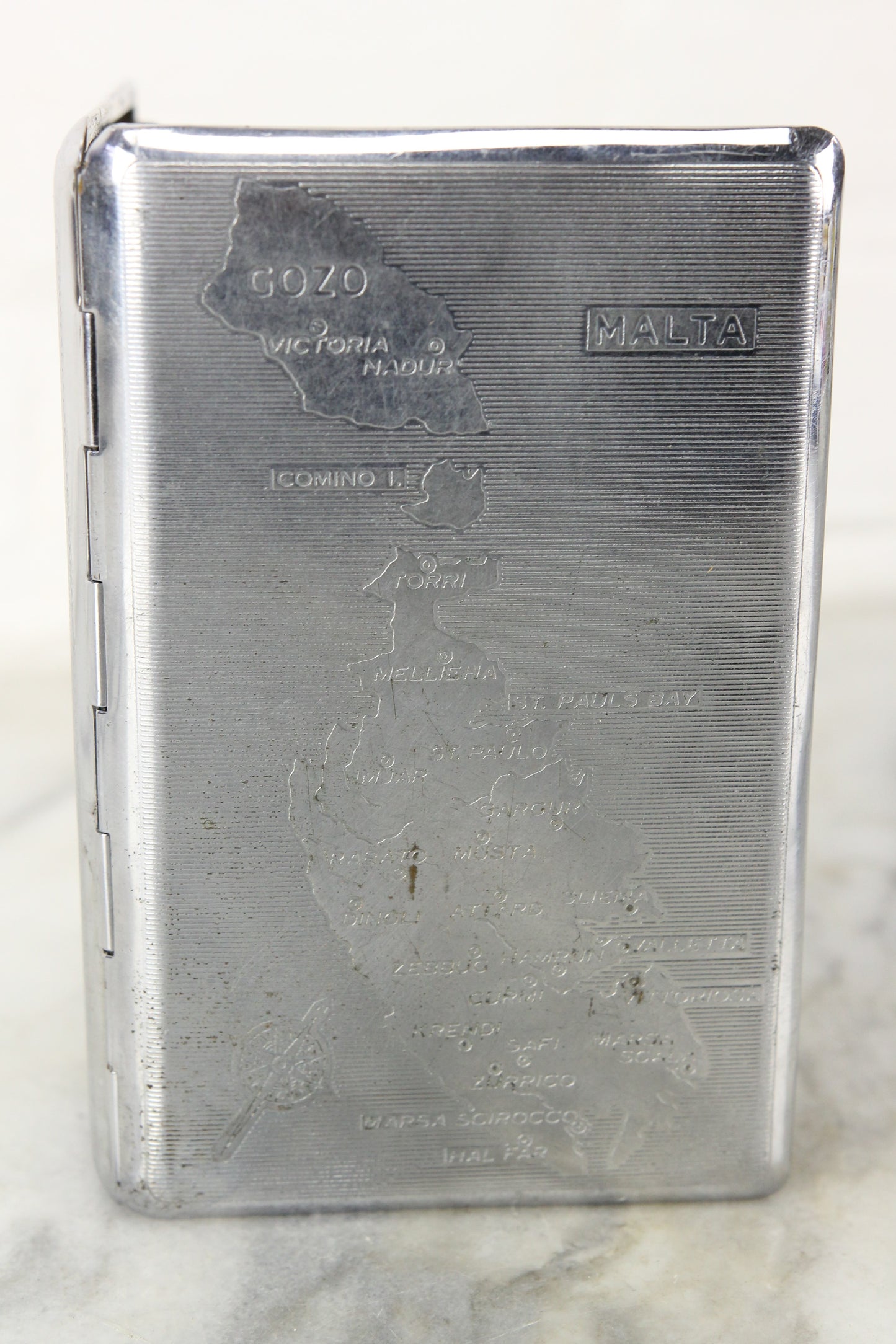 Malta Polished Chrome Cigarette Case Holder by Tallent, England - Engraved 1949