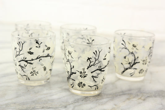 Small Glass Drinking Cups with White and Black Flower and Branch Design, Set of 5