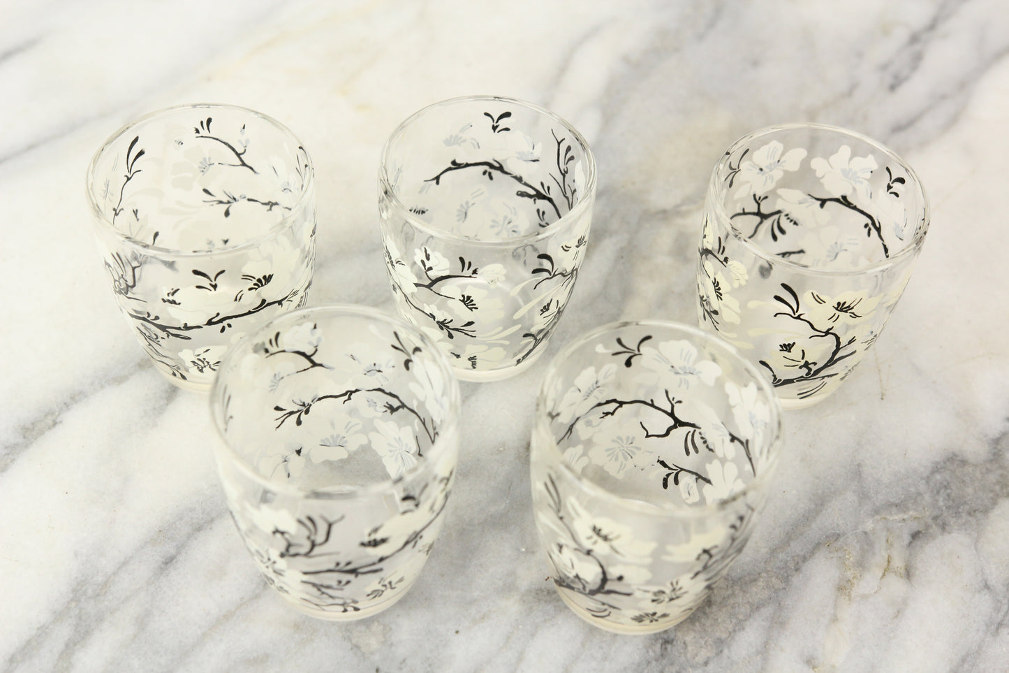 Small Glass Drinking Cups with White and Black Flower and Branch Design, Set of 5