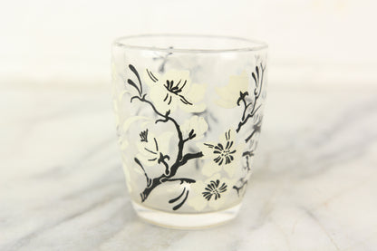 Small Glass Drinking Cups with White and Black Flower and Branch Design, Set of 5