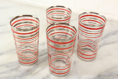 Silver and Red Striped Glass Drinking Cups, Set of 4
