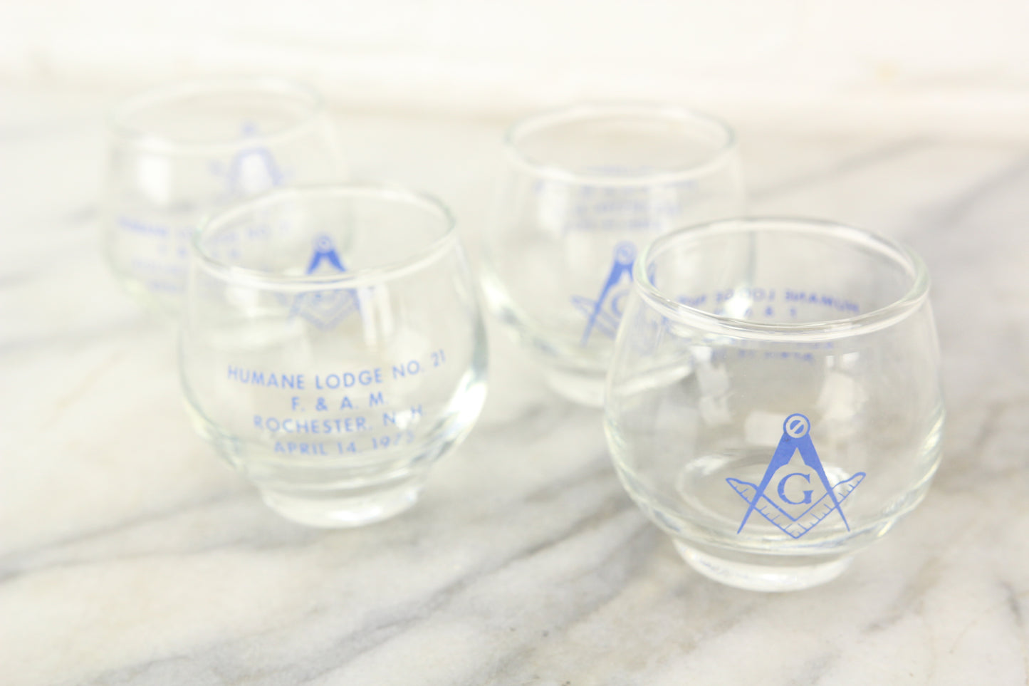 Freemasons Humane Lodge Glass Drinking Cups, Dated 1975, Rochester, NH, Set of 4
