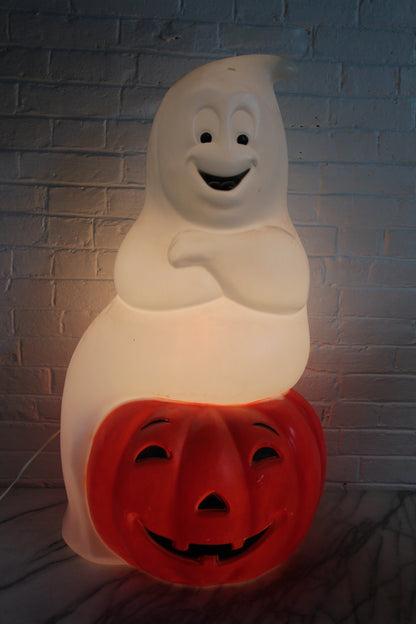 Halloween Ghost and Jack-O-Lantern Pumpkin Plastic Vintage Blowmold by Empire, 34"