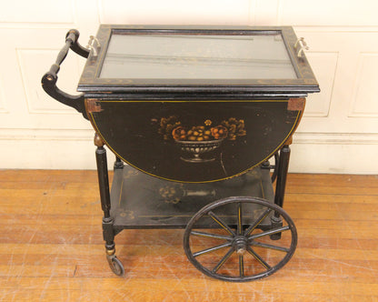 Drop Leaf Black Painted Wooden Tea Cart with Removable Tray