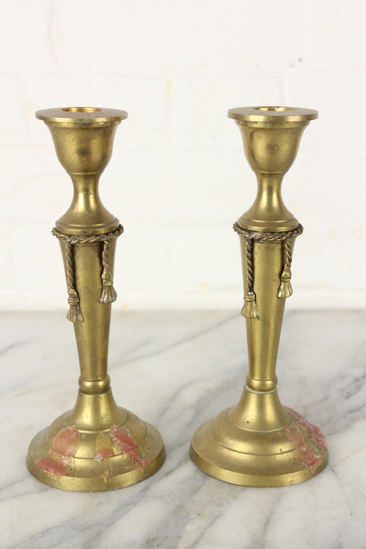 Solid Brass Rope Design Candlesticks, Made in India, Pair - 8.25"