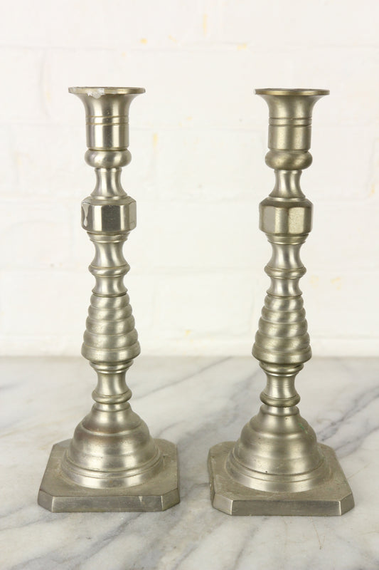 Silver-Toned Solid Brass Candlesticks, Made in USA, Pair - 10"