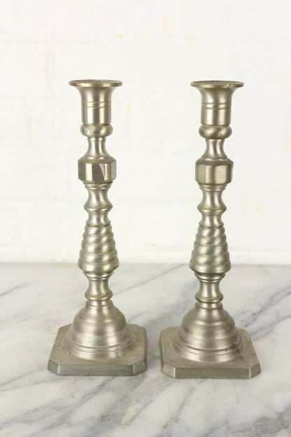 Silver-Toned Solid Brass Candlesticks, Made in USA, Pair - 10"