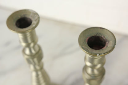 Silver-Toned Solid Brass Candlesticks, Made in USA, Pair - 10"