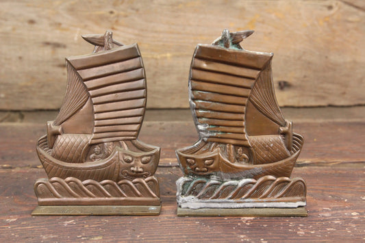 Copper-Toned and Brass Asian Ship Bookends, Pair