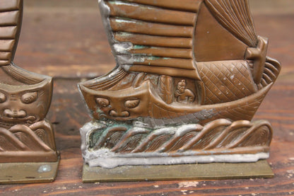 Copper-Toned and Brass Asian Ship Bookends, Pair