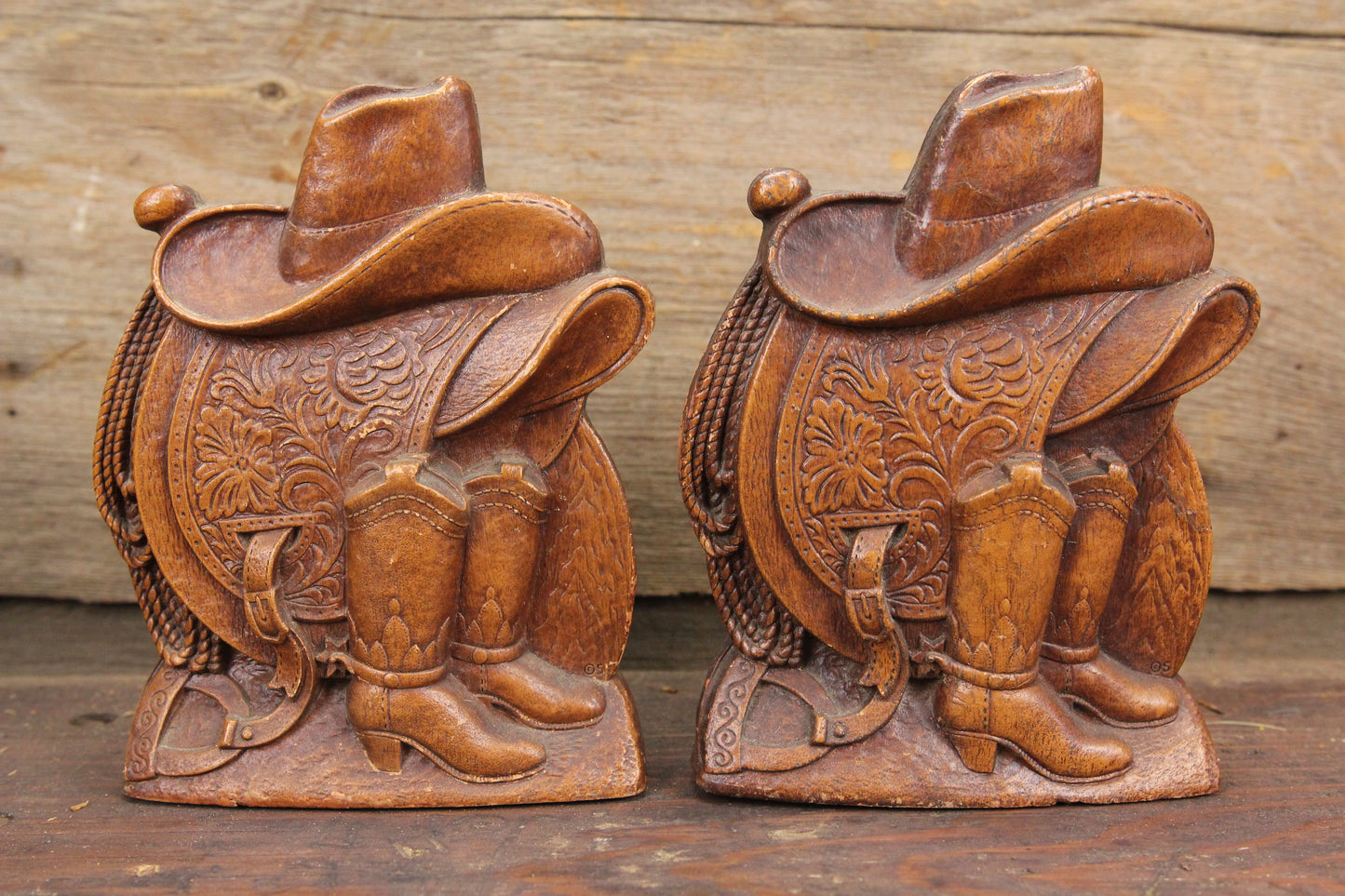 Syroco Wood Cowboy Bookends with Saddle, Boots, and Hat, Pair