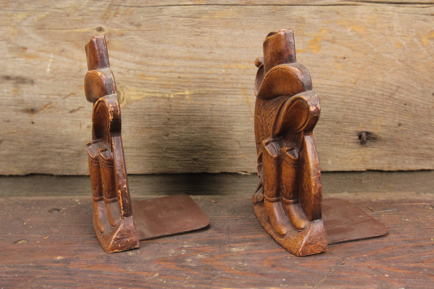 Syroco Wood Cowboy Bookends with Saddle, Boots, and Hat, Pair