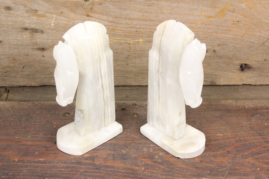 White Alabaster Horse Head Bookends, Pair