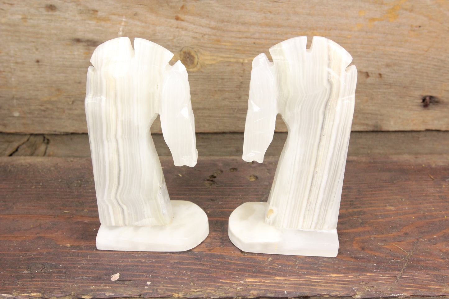 White Alabaster Horse Head Bookends, Pair