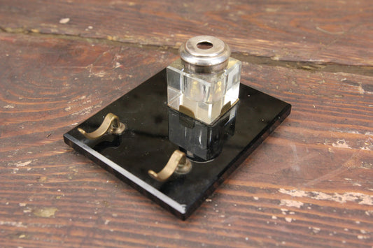 Beveled Glass Cube Inkwell with Black Slate Base and Pen Rest