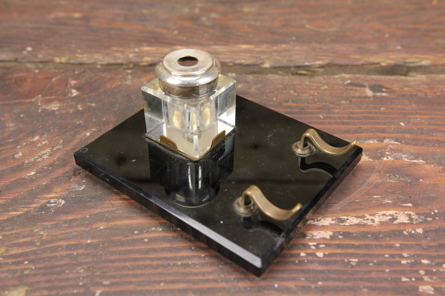Beveled Glass Cube Inkwell with Black Slate Base and Pen Rest