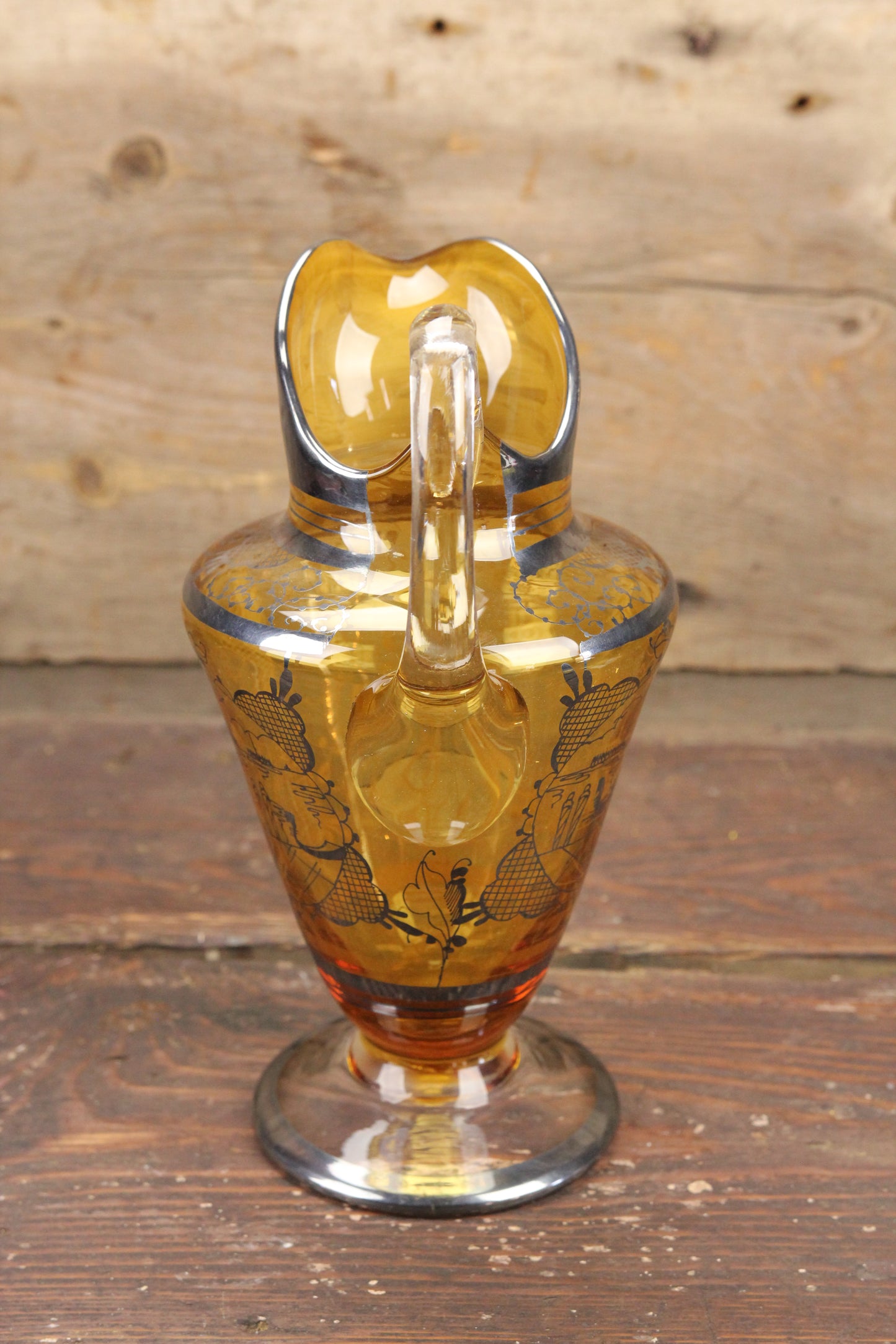 Amber Glass Pitcher with Silver Overlay Decoration