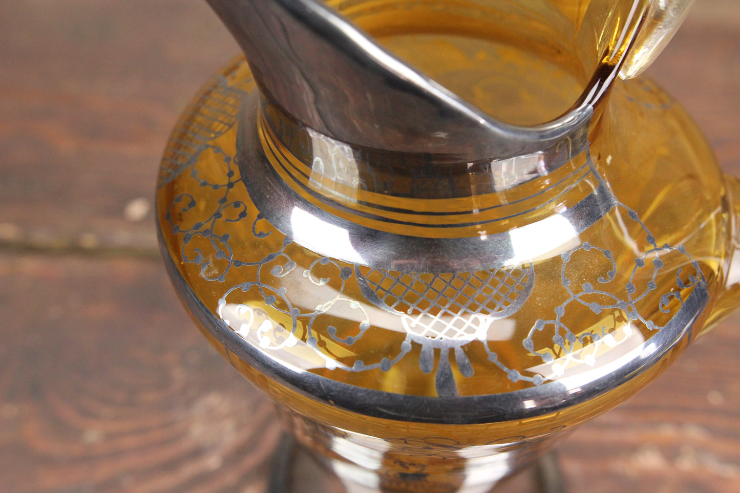 Amber Glass Pitcher with Silver Overlay Decoration